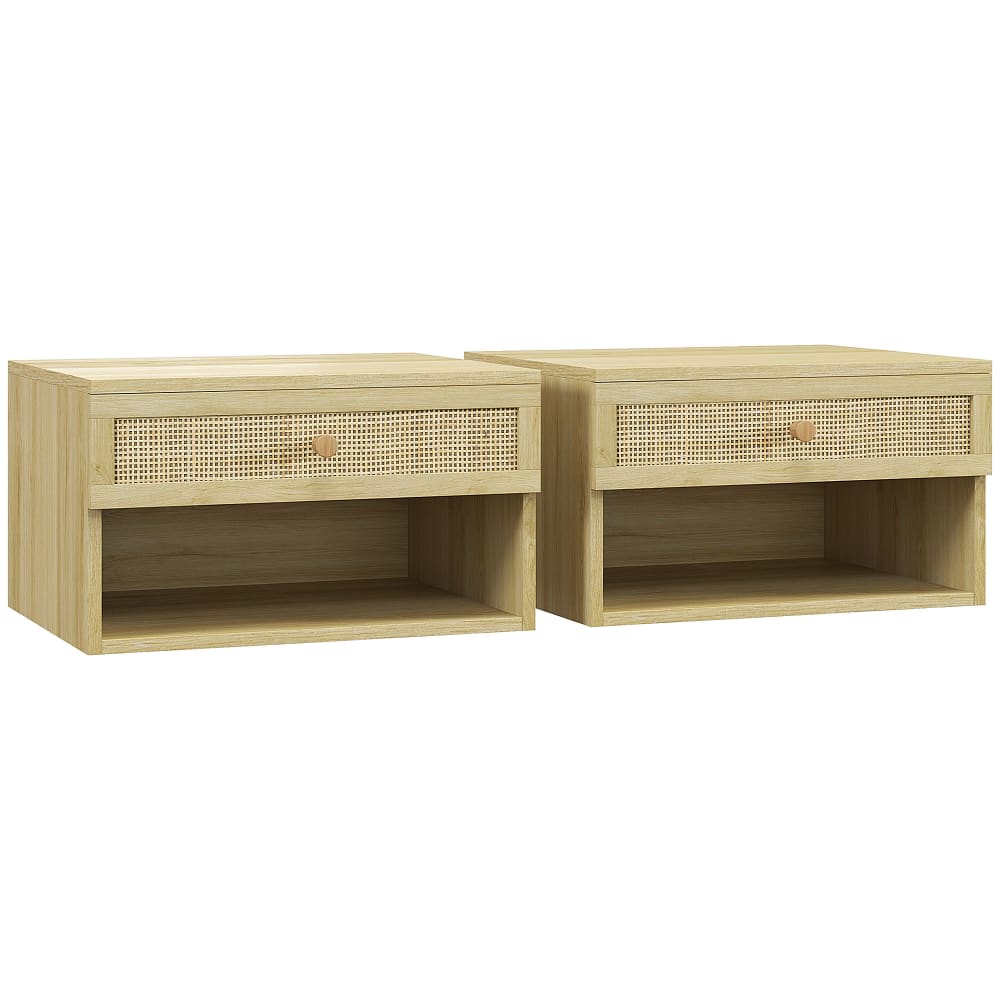 Homcom Wand-Nachttische mit Holz&Rattan-Front Beige Spanplatte