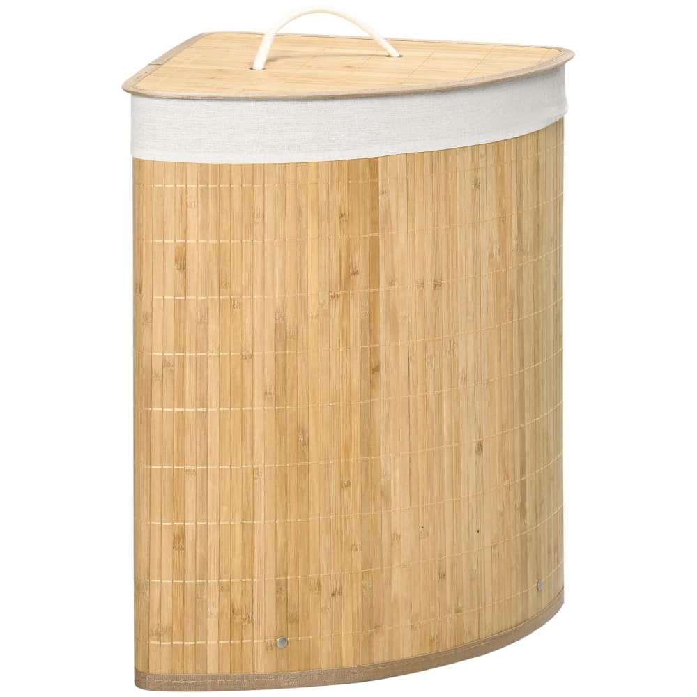 Panier à linge bambou d'angle avec couvercle bambou naturel et blanc