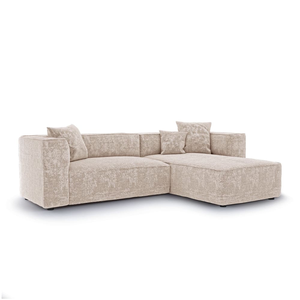 Canapé d'angle droit 5 places en velours gaufré crème