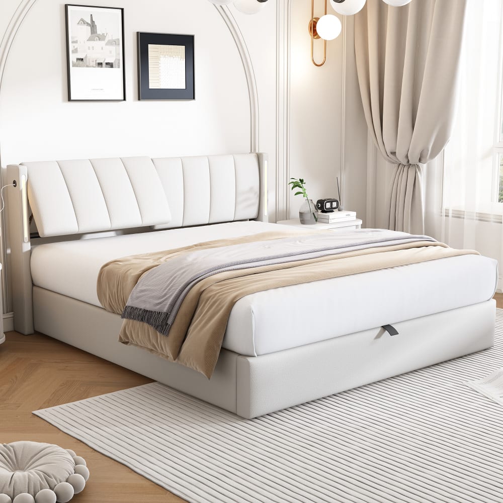 Lit coffre double PU blanc avec éclairage LED, USB