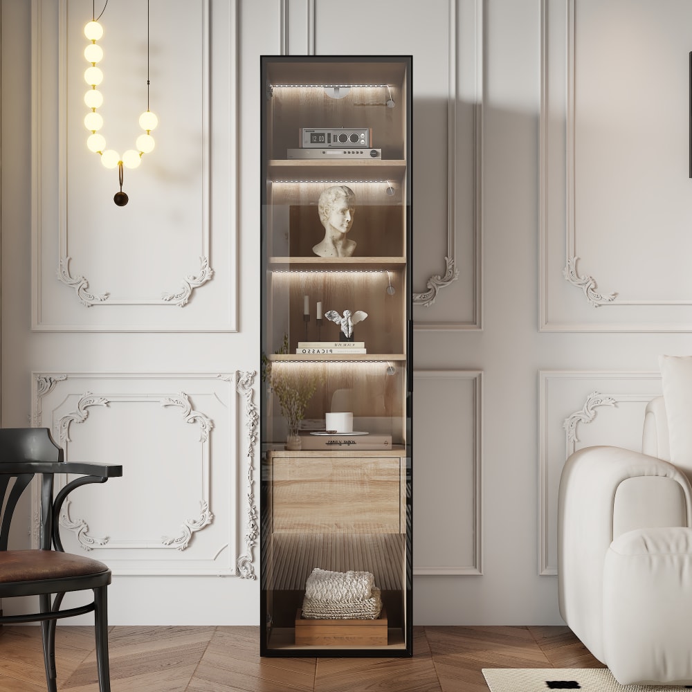 Vitrine haute effet bois clair 1 grands tiroirs 1 portes, avec LED