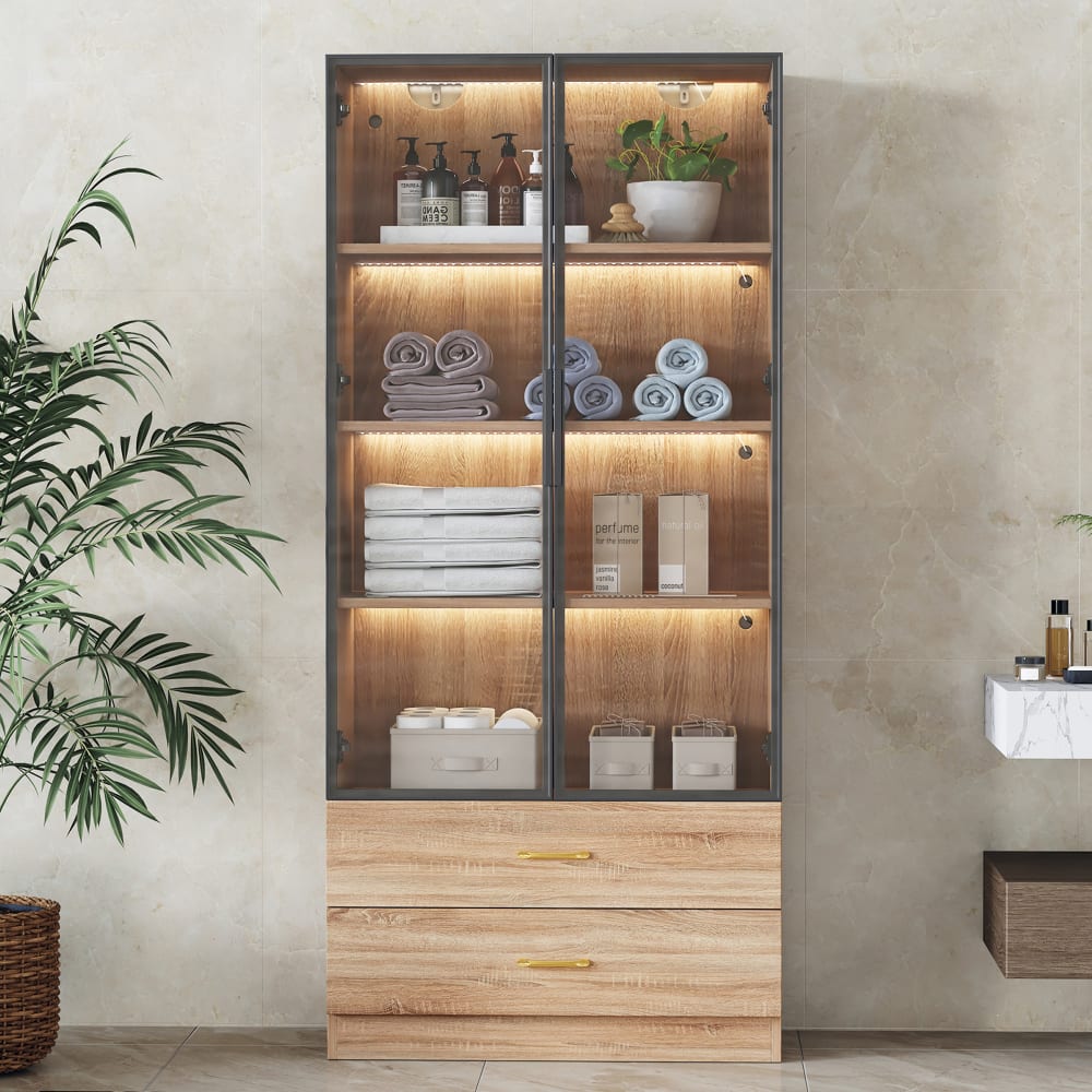 Vitrine haute effet bois 2 grands tiroirs et 2 portes avec LED