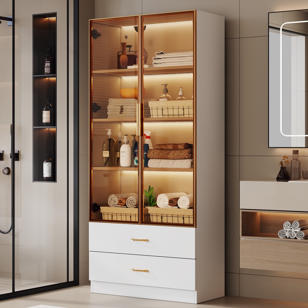 Vitrine haute blanc 2 grands tiroirs et 2 portes, avec LED