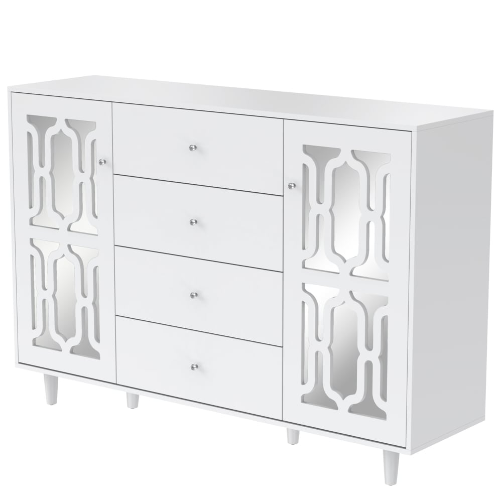 Urban Meuble Designer Sideboard mit 4 Schubladen und 2 Spiegeltüren, Weiß style modern Weiß Spanplatte