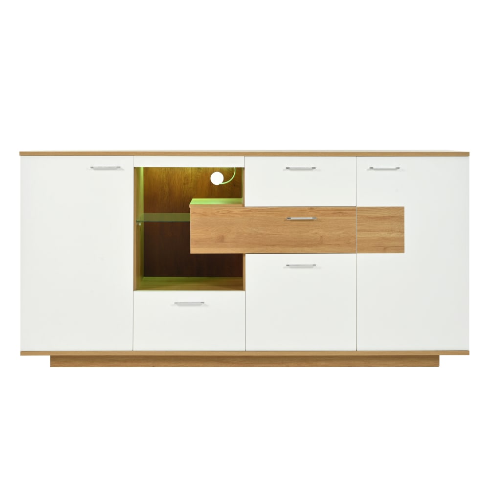 Urban Meuble Niedriges Designer-Sideboard mit LED-Beleuchtung, Weiß und Eiche style modern Weiß Spanplatte
