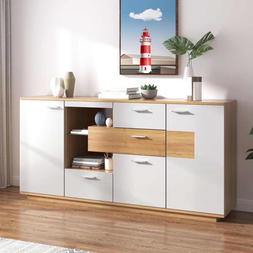 Buffet Bas Design Blanc et Chêne avec Éclairage LED