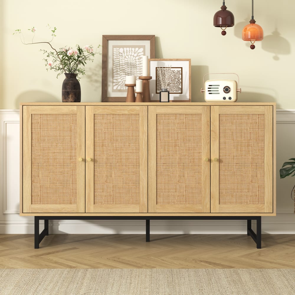 Sideboard in Naturholzoptik mit 4 Rattantüren,Beige - Maisons Du