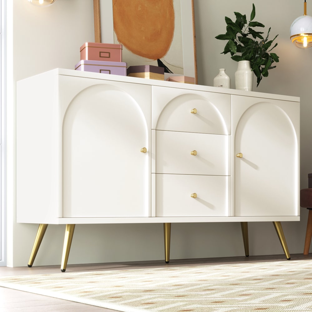 Sideboard mit 2 Türen und 3 Schubladen, Griffe, Weiß - Maisons Du