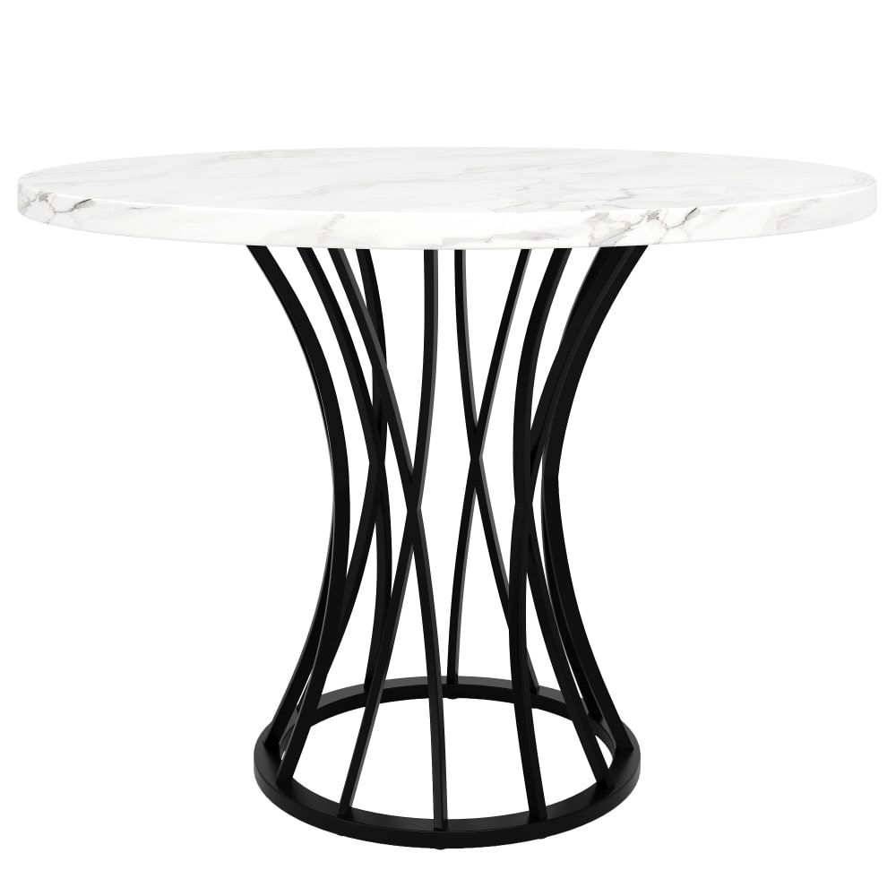 Table ronde de salle à manger effet marbré blanc, pieds noirs