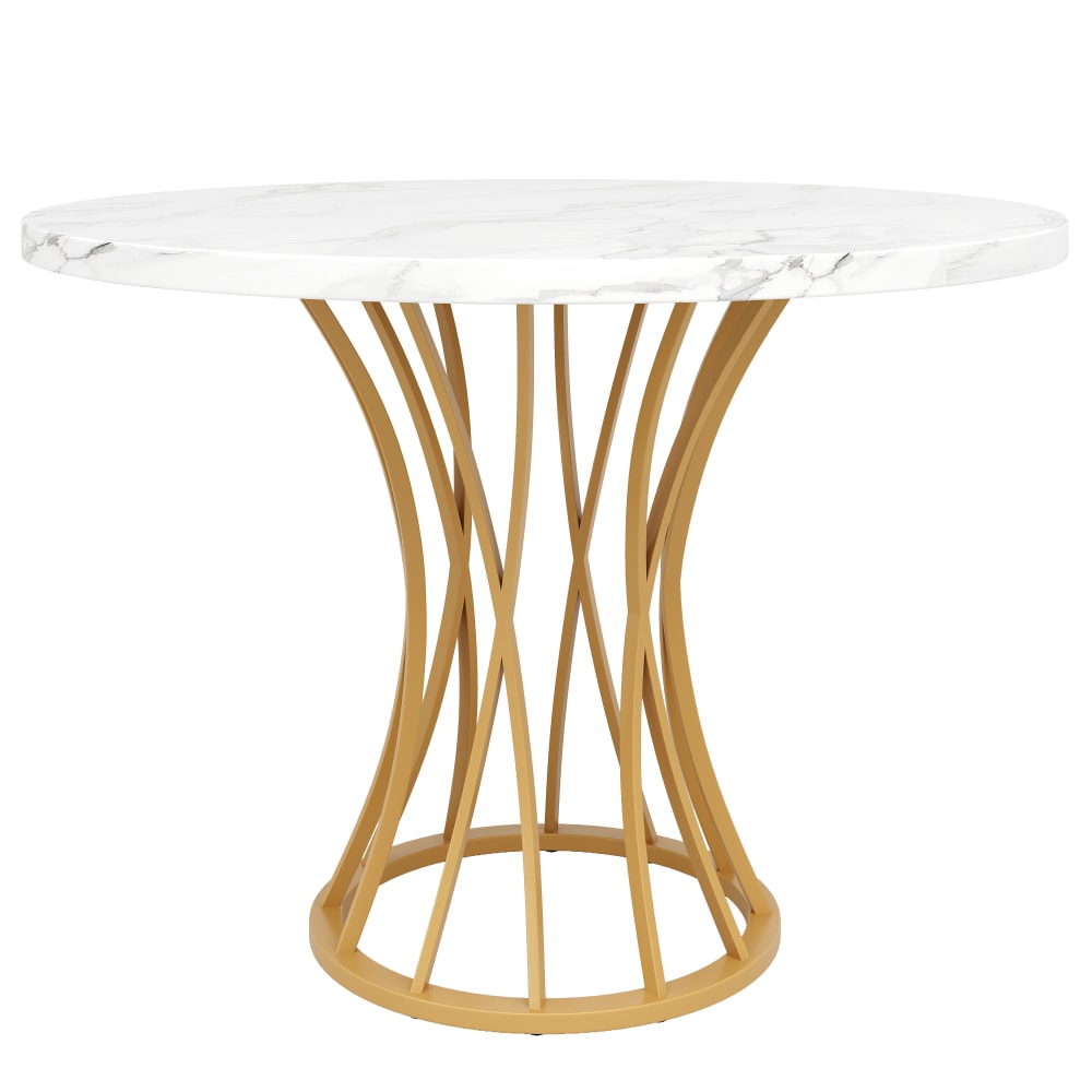 Table ronde de salle à manger effet marbré blanc, pieds dorés