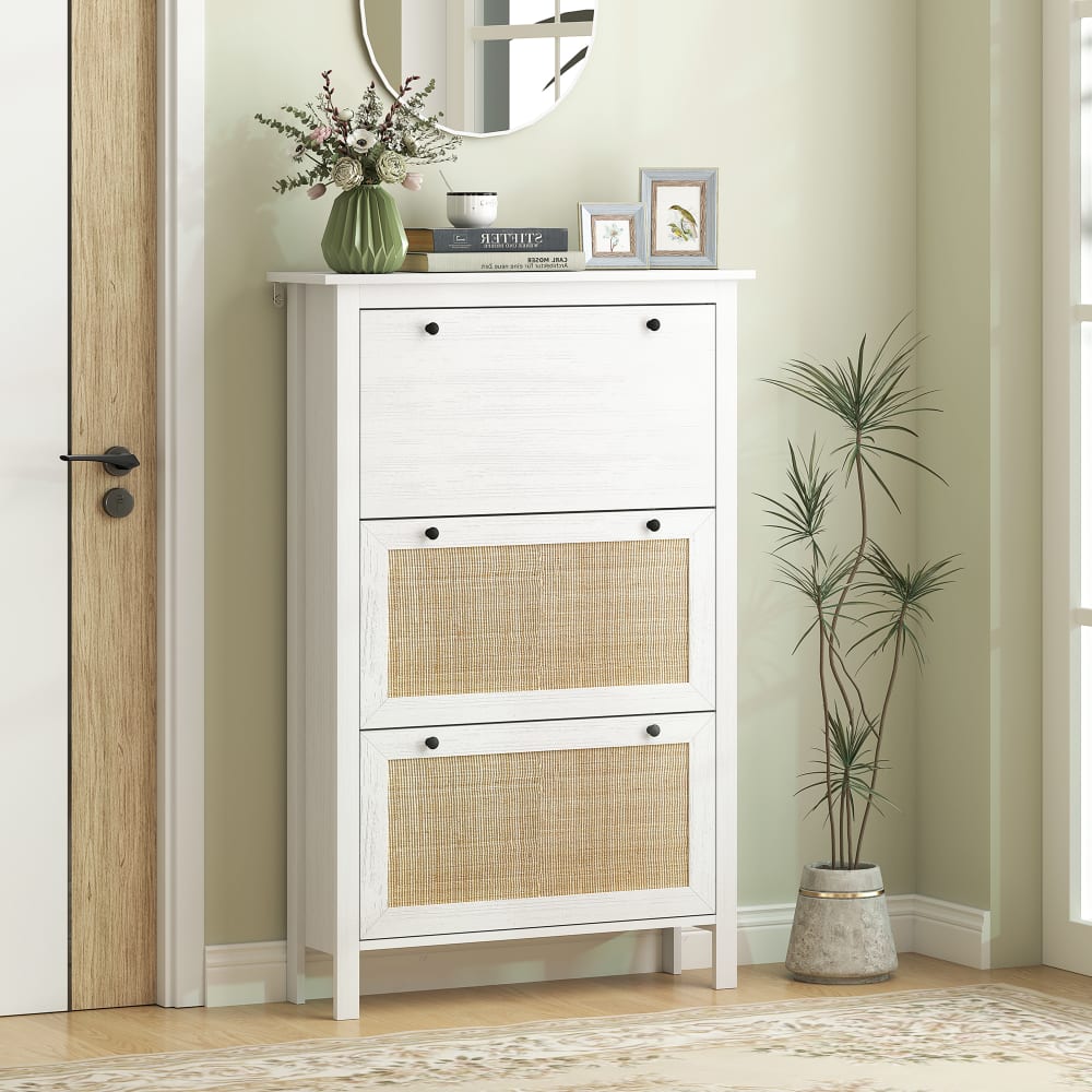 Armoire à chaussures 3 tiroirs effet cannage rotin blanc
