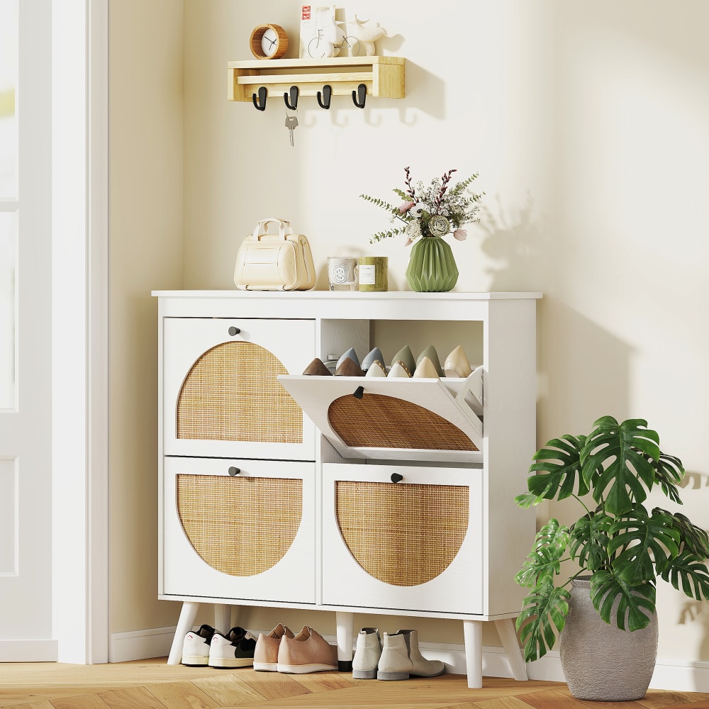 Meuble à chaussures armoire à chaussures 4 abattants en bois blanc