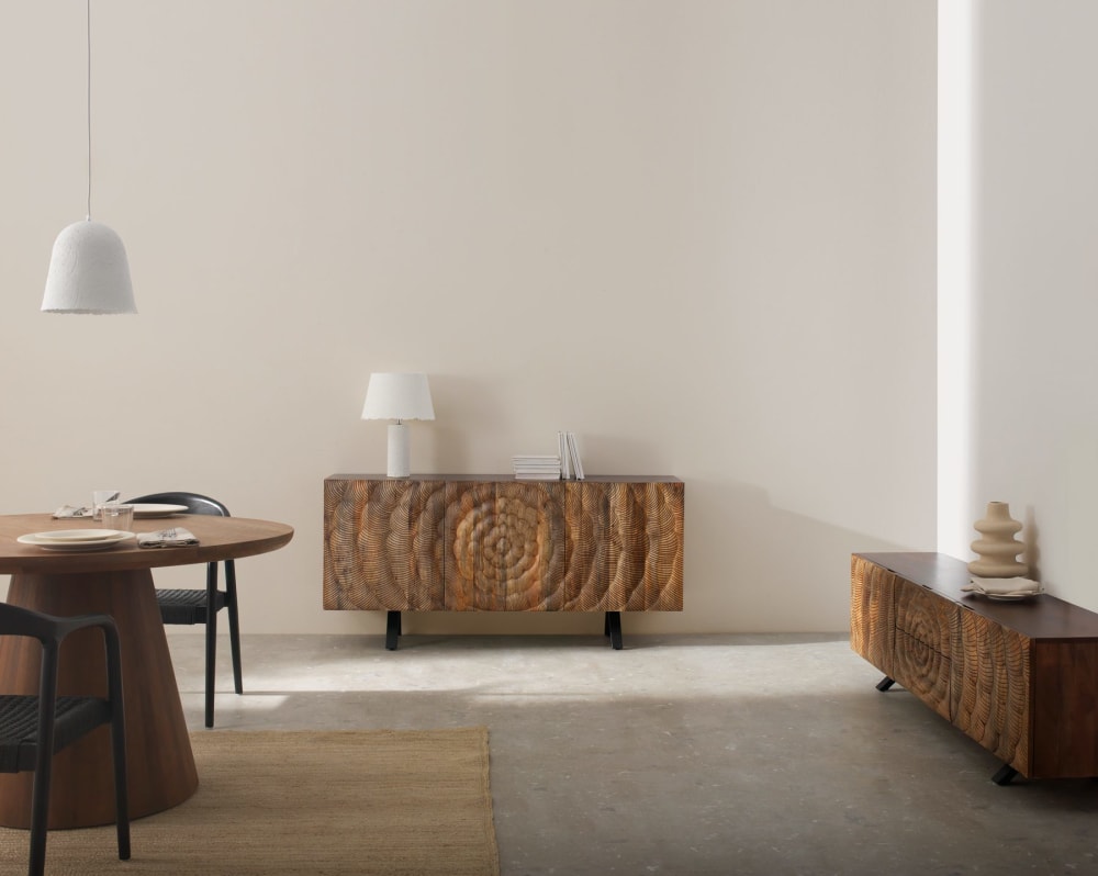 Sideboard mit 3 Türen aus massivem Mangoholz mit schwarzen Beinen