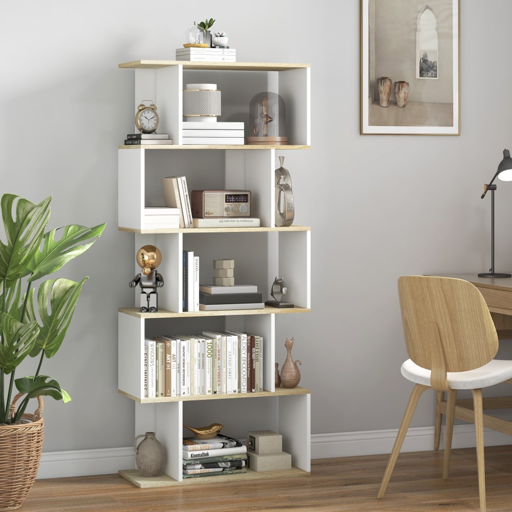 Bibliothèque scandinave 5 étagères anti-basculement bois blanc