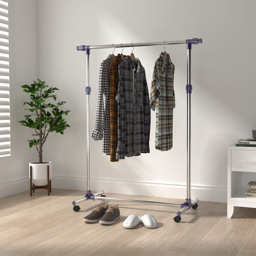 Portant à vêtements tringle réglable à roulettes acier inox noir