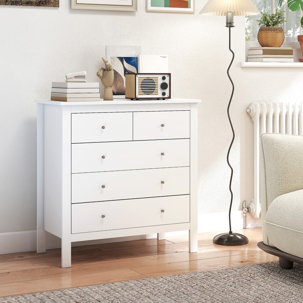 Commode à 5 tiroirs avec glissières métalliques en bois blanc
