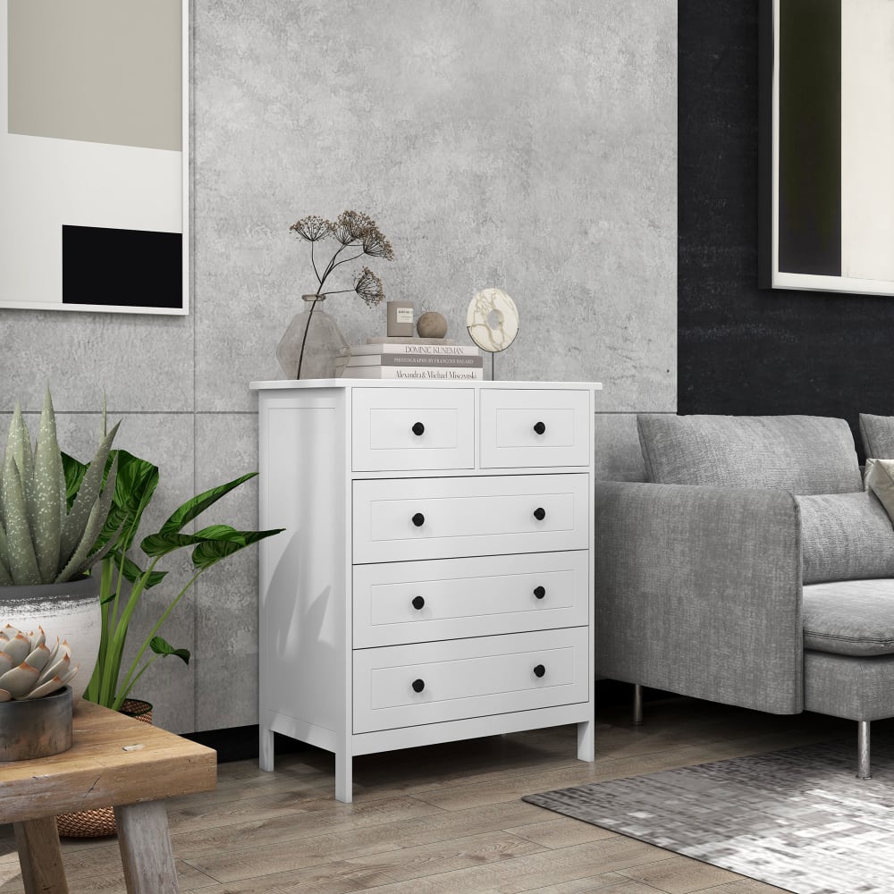 Commode 5 tiroirs poignées boutons métal noir MDF panneaux blanc
