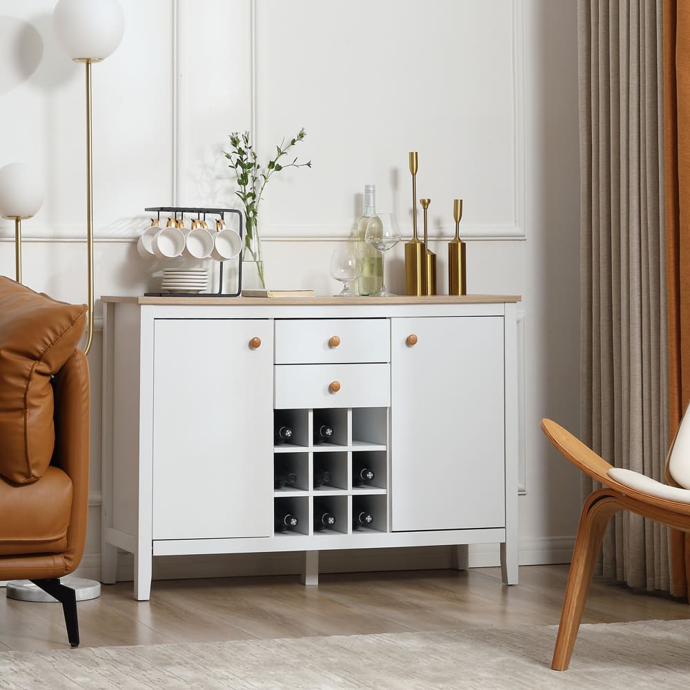 Buffet meuble de rangement 2 tiroirs bois naturel blanc bois naturel