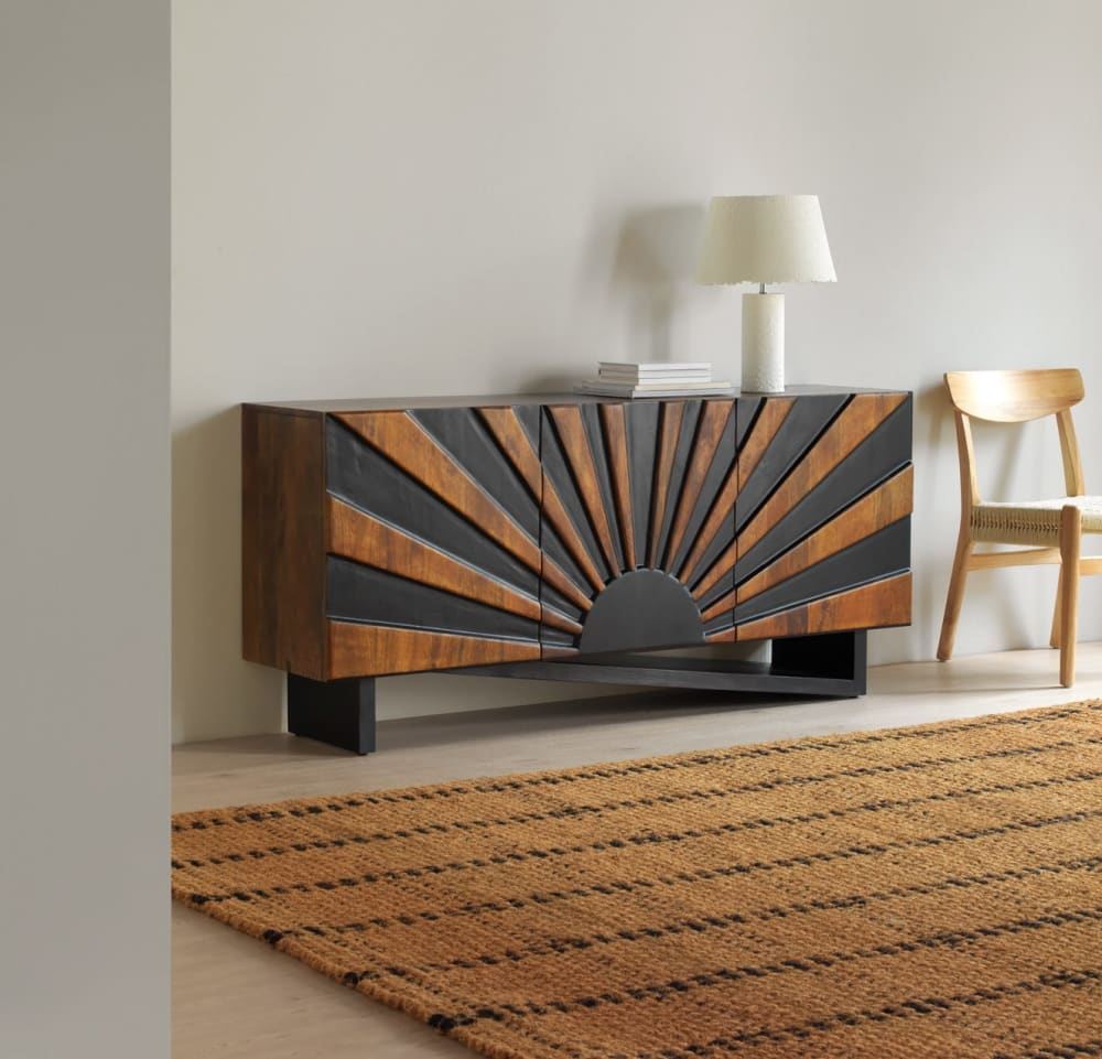 Sideboard mit 3 Türen aus massivem Mangoholz mit schwarzen