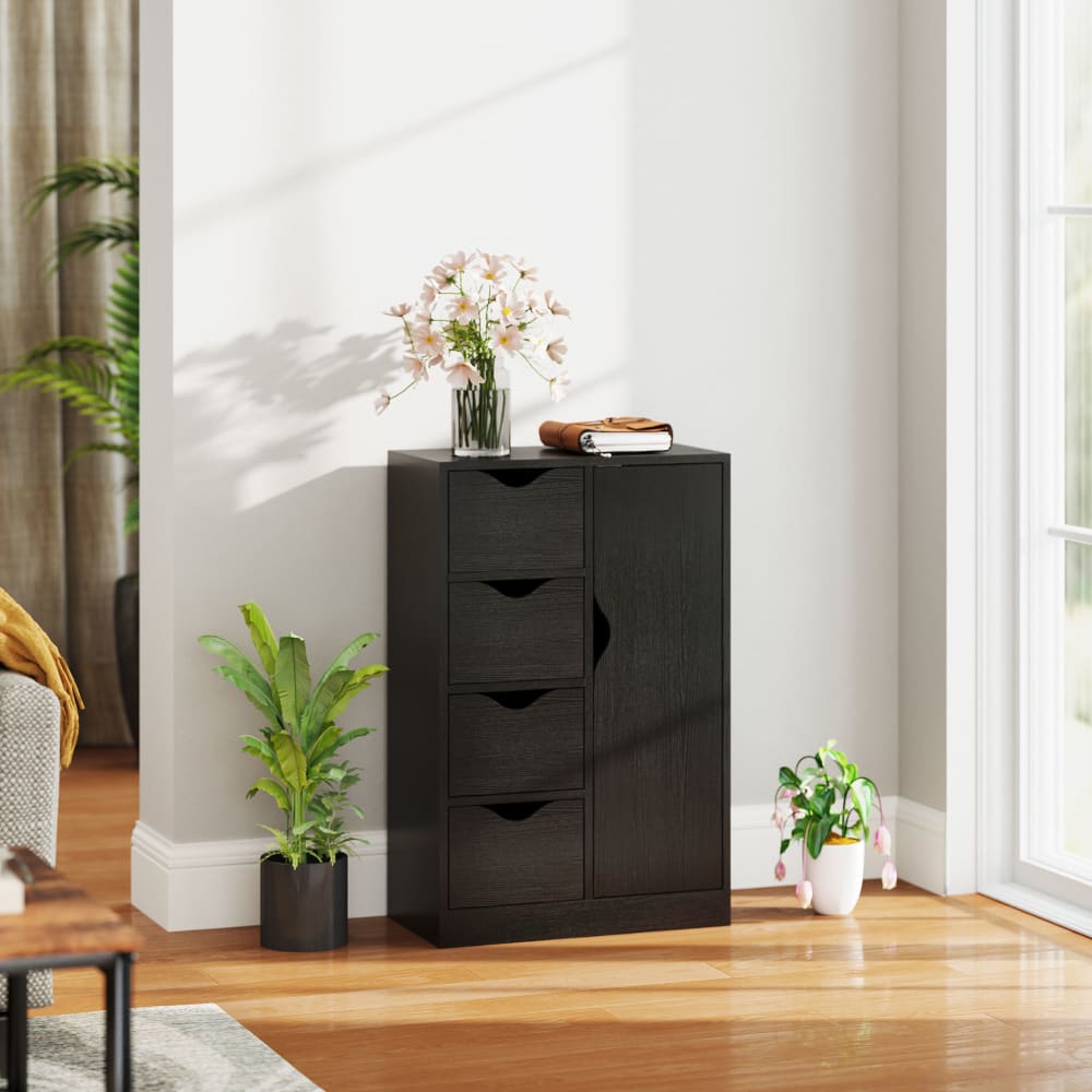 Kommode-Buffet, 1 Schrank & 4 Schubladen, Holz, Schwarz - Maisons