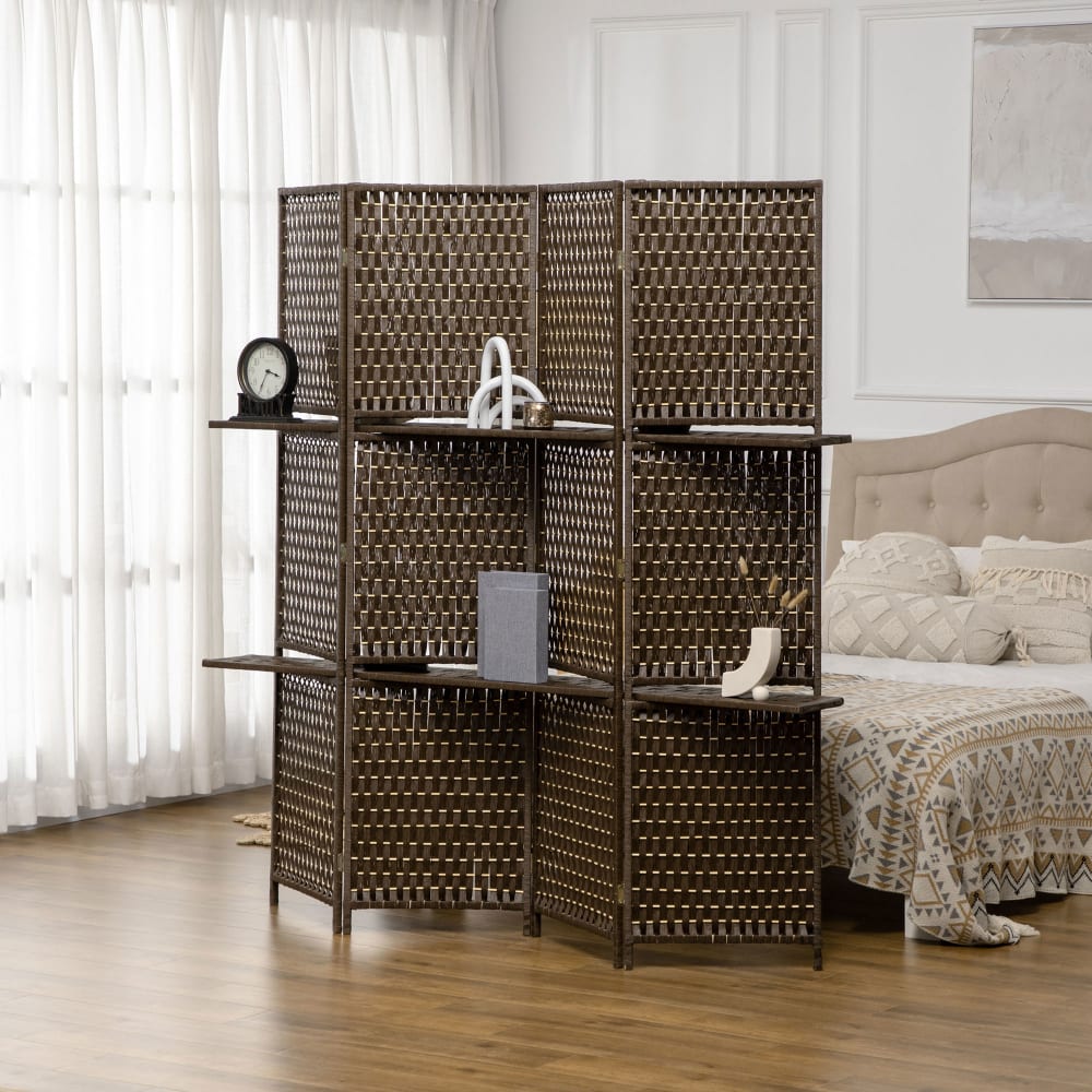Paravent intérieur 4 panneaux bois pin bambou fibres tressées marron — vue 3