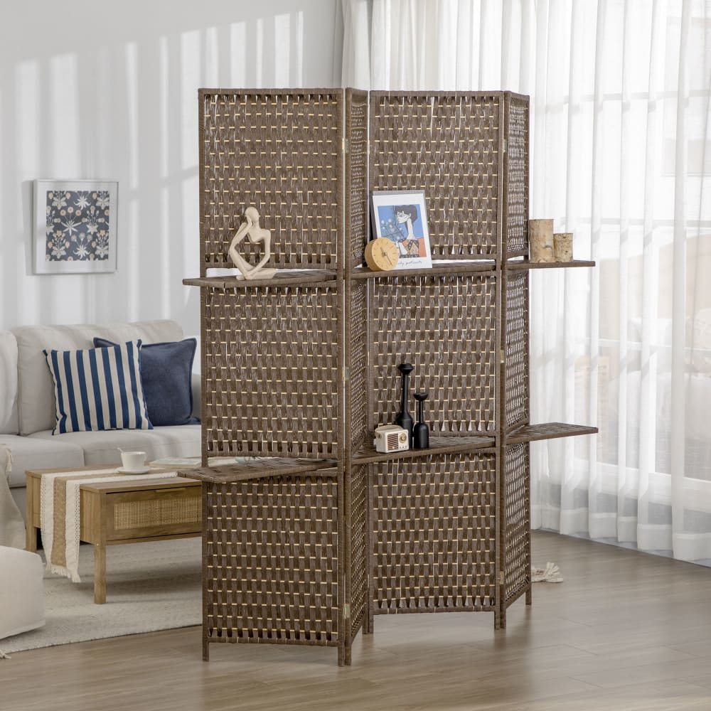 Paravent intérieur 4 panneaux bois pin bambou fibres tressées marron — vue 4