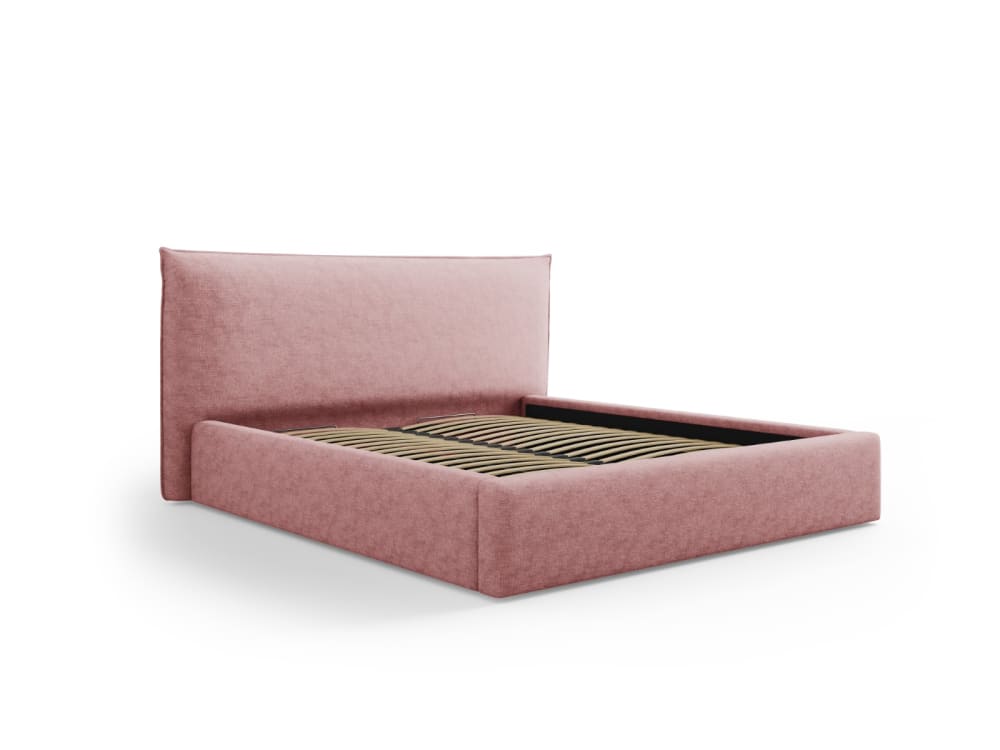 Lit coffre avec tête de lit 180x200cm en tissu chenille rose