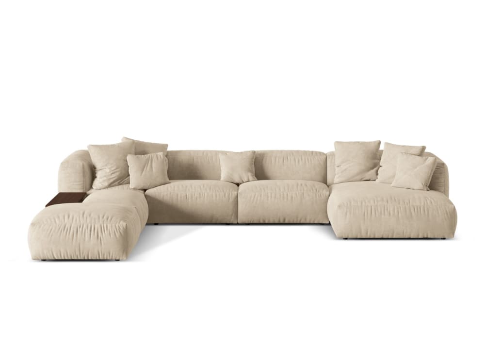 Canapé d'angle panoramique modulable 5 places velours beige clair