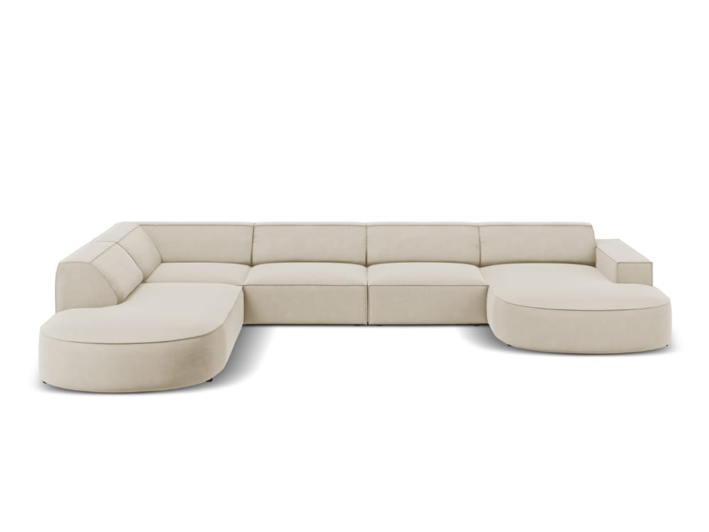Canapé d'angle gauche panoramique 7 places en velours beige foncé
