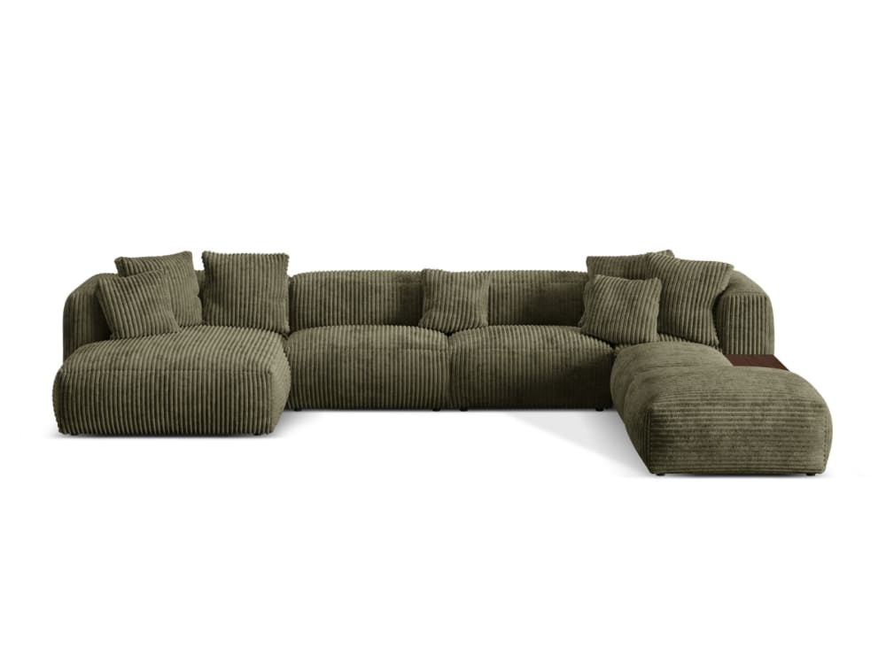 Canapé d'angle forme-U modulable 5 places velours côtelé vert mousse