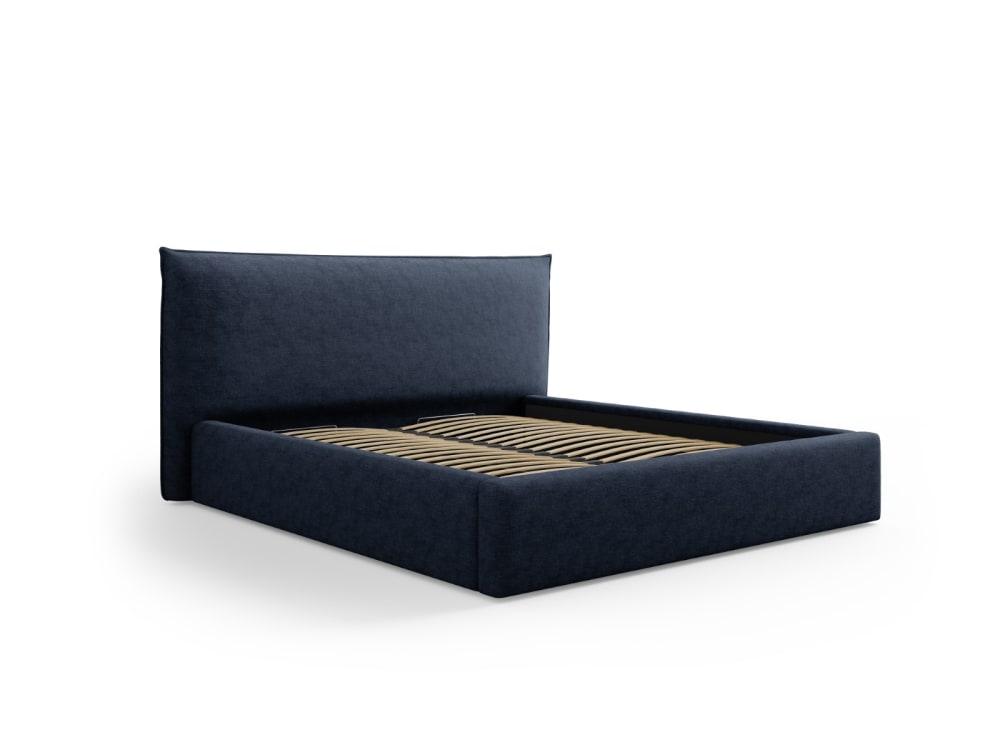 Lit coffre avec tête de lit 140x200cm en tissu chenille bleu foncé