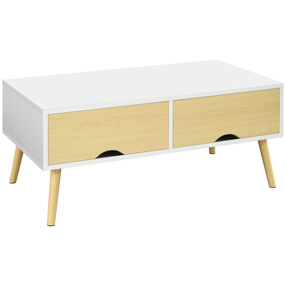 Table basse rectangulaire 2 tiroirs 1 compartiment bois blanc naturel