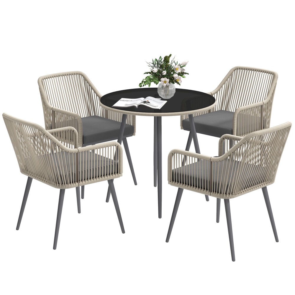 Mobilier de jardin 4 places table et coussins résine tressée marron