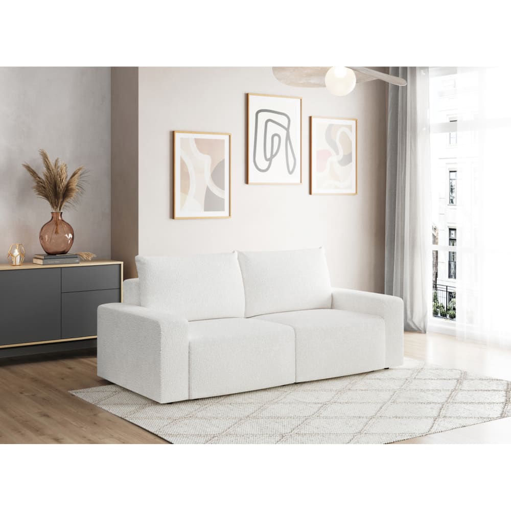 Canapé droit fixe 2 places en tissu bouclette - Blanc