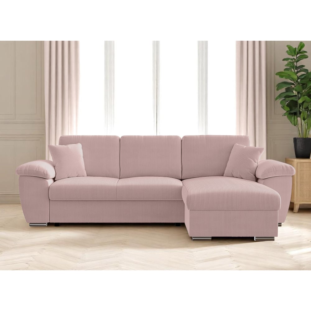 Canapé d'angle réversible convertible 4 places en velours côtelé rose