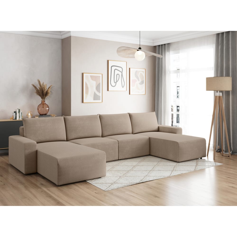 Canapé panoramique fixe 6 places en velours côtelé - Taupe