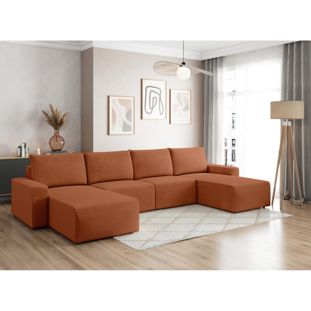 Canapé panoramique fixe 6 places en velours côtelé - Terracotta