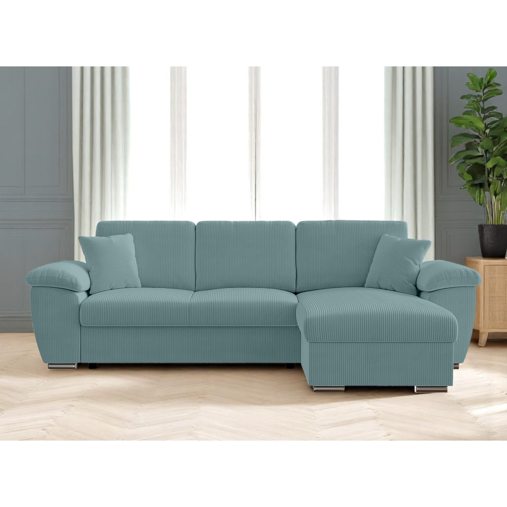 Canapé d'angle réversible convertible 4 places, velours côtelé bleu