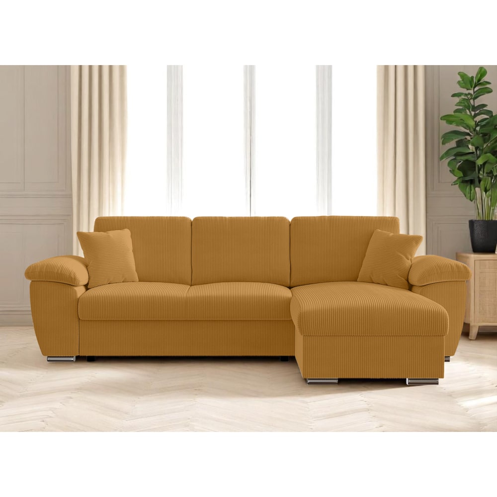Canapé d'angle réversible convertible 4 places en velours côtelé jaune