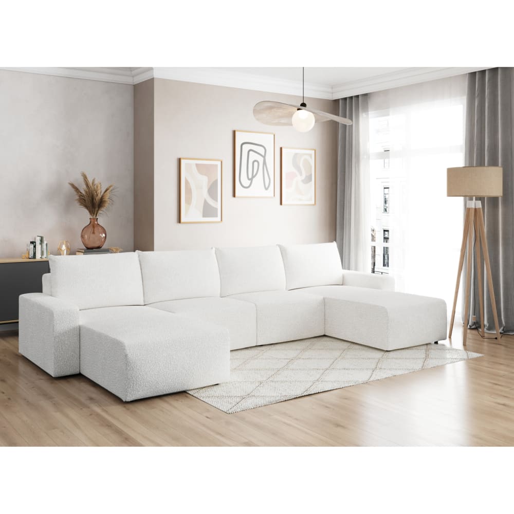 Canapé panoramique fixe 6 places en tissu bouclette - Blanc