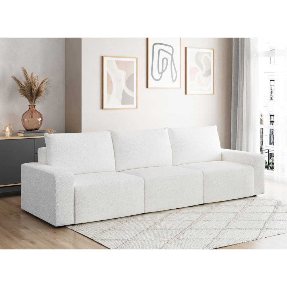 Canapé droit fixe 3 places en tissu bouclette - Blanc