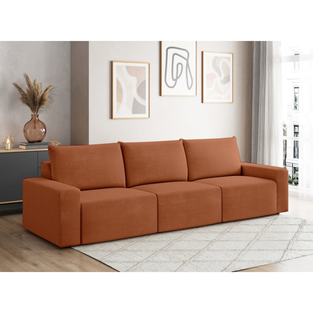 Canapé droit fixe 3 places en velours côtelé - Terracotta