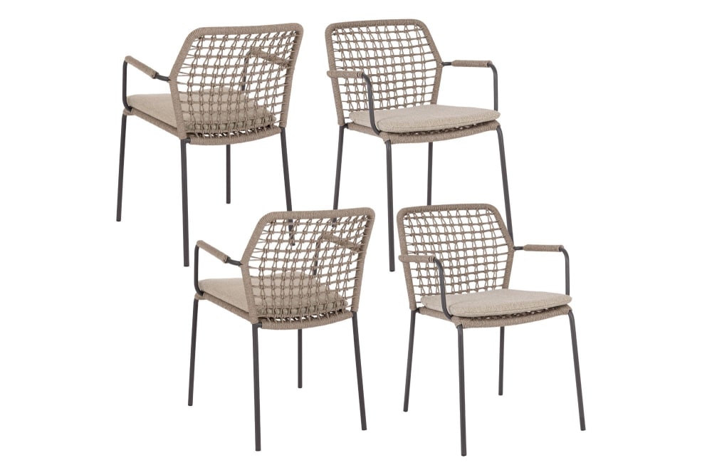 Lot de 4 chaises de jardin à accoudoirs et coussin taupe