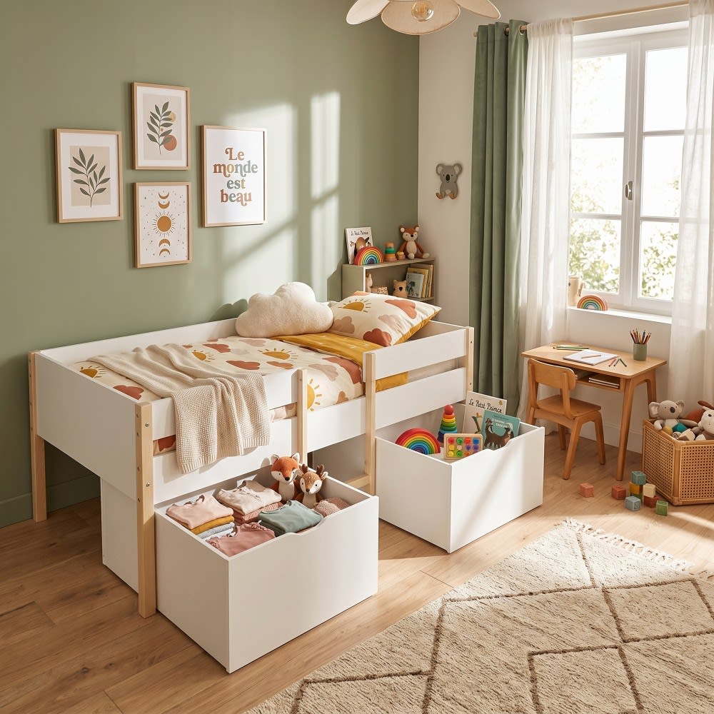 Lit mi-hauteur avec 2 tiroirs blanc et bois clair 90x190 cm (Weber industries) - Image 1