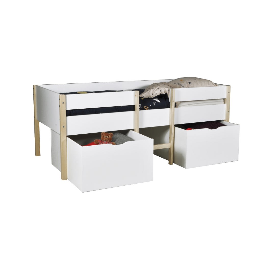 Lit mi-hauteur avec 2 tiroirs blanc et bois clair 90x190 cm (Weber industries) - Image 2