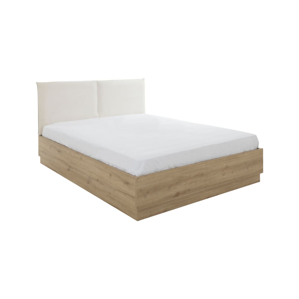 Lit coffre effet bois avec tête de lit en tissu 140 x 190 cm