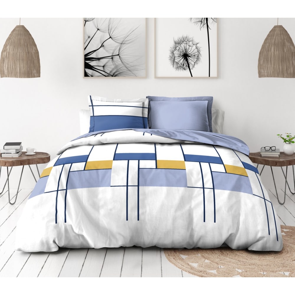 Parure de couette 3 pièces en percale de coton 220x240   BLEU INDIGO