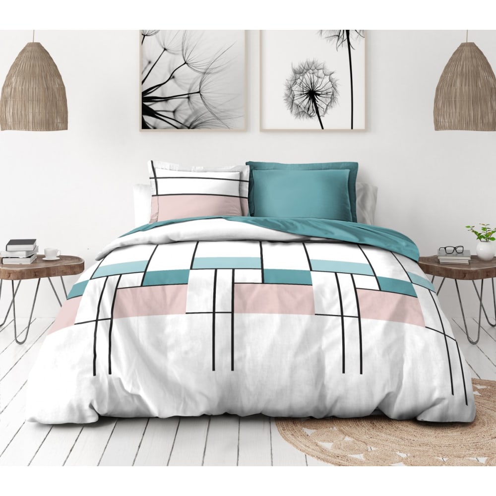 Parure de couette 3 pièces en percale de coton 200x200   BLEU PASTEL