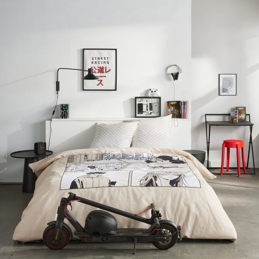 Parure de lit imprimé graphique coton  220x240cm Beige