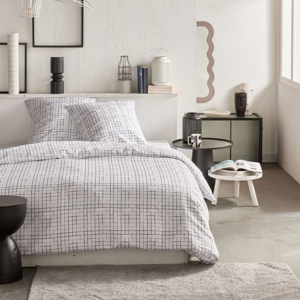 Parure de lit imprimé A carreaux  220x240cm Blanc